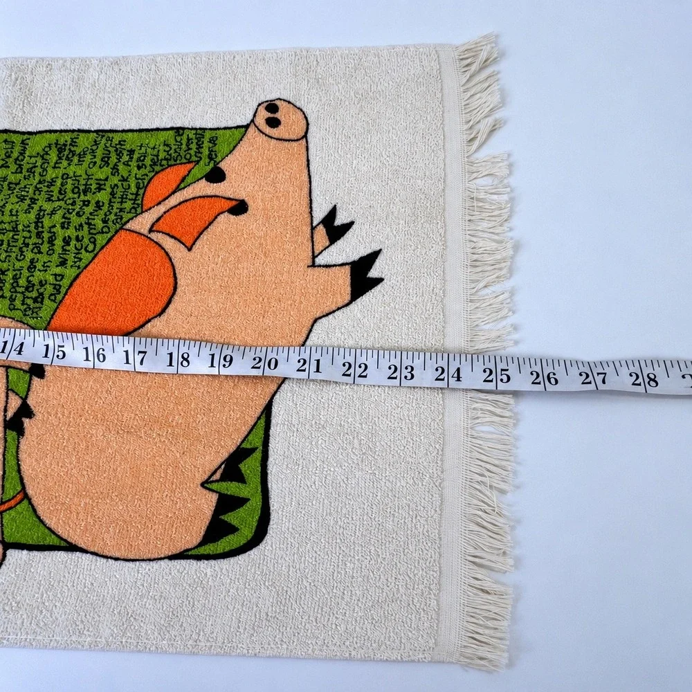 Vtg USA Made Pig Recipe Kitchen Towel Pork in Wine Sauce Fringed Retro Kitsch